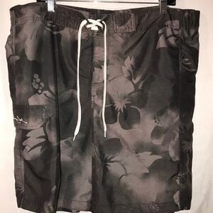 Panama Jack Mens Large‎ Board Shorts Black Charcoal Floral Hibiscus Cargo Pocket